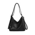 Black leather convertible shoulder bag and backpack, large capacity casual commuting handbag. - Black without Pendant