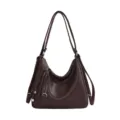 Dark brown leather convertible shoulder bag, casual multi-pocket women backpack style. - Brown No Pendant
