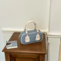 Denim Boston Handbag Retro Pillow Shoulder Bag Casual Tote Purse with Cream Leather Trim - Without Charm Style / White