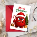 Weihnachtsgrußkarte mit lustigem roten Monster, rotem Umschlag und detaillierter Detailansicht. - Stil T020402434