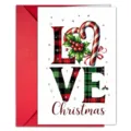 Biglietto d'auguri di Natale con busta rossa, motivo scozzese e design con scritta LOVE. - Set da 10