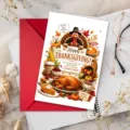 Thanksgiving greeting card detail view featuring cute turkey illustration and envelope. - Thanksgiving Greeting Card T020402460 (Default Red Envelope)