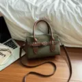 Chic olive green suede pillow bag with brown leather handles, stylish crossbody handbag for women. - No Pendant / Green