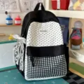 Large capacity Japanese style black and white polka dot checkered school backpack for students. - Black Large With Pendant
