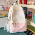 Japanese cute polka dot plaid school backpack for high school students large capacity white bag - Pink Large With Pendant