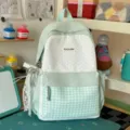 Mint green student casual backpack with polka dots, plaid pocket, and cute lace bow for daily use. - Green Large With Pendant