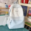 Cute Japanese style blue polka dot canvas backpack, large capacity casual school bag for students. - Blue Large With Pendant