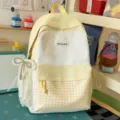Cute Japanese style yellow backpack with polka dot and plaid design, large capacity student bag. - L / With Pendant / Yellow