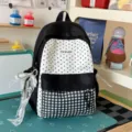 Japanese style cute black and white polka dot plaid backpack student large capacity school bag - Black Small Backpack with Charm