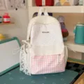 Cute Japanese style white and pink polka dot plaid canvas backpack with lovely lace bow. - Pink Small Backpack with Charm