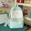 Mint green and white polka dot backpack, cute Japanese style school bag with lace pendant for teens - Green Small with Pendant