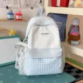 Cute student backpack in light blue, polka dot gingham design with lace pendant for daily use. - Blue Small With Pendant