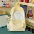 Cute Japanese style yellow polka dot and plaid canvas backpack with bow for students daily use - S / With Pendant / Yellow
