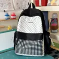 Black and white polka dot and plaid casual school backpack for students, stylish daily daypack. - Large Black (Without Pendant)