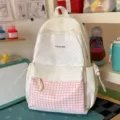 Japanese cute pink plaid student backpack, large capacity canvas school bag for teen girls. - Large Pink (Without Pendant)