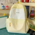 Cute yellow plaid backpack for students, large capacity casual canvas school bag for teens. - L / No Pendant / Yellow