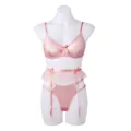 Pink satin lingerie set for women, featuring a French push-up bra, mesh garter belt and sexy panties. - S / Set / Pink