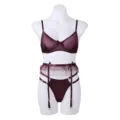 Burgundy french lingerie set with bra, mesh garter belt and panties for women. - S / Set / Purple