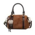 Retro brown suede Boston handbag for women, chic casual shoulder commuting tote bag. - With Pendant / Brown