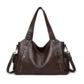 Women large capacity brown leather shoulder bag, stylish casual commuting tote handbag. - Coffee