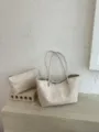Μπεζ πλεκτή δερμάτινη τσάντα tote με μικρή θήκη, κομψή vintage γυναικεία τσάντα ώμου. - Χωρίς μενταγιόν / Ζαχαρί