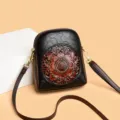 Retro embossed floral crossbody phone bag, stylish black small shoulder bag with strap. - Black