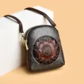 Vintage embossed leather crossbody phone bag in dark grey with red floral pattern variant - Gray