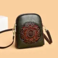 Retro embossed floral crossbody phone bag, stylish green leather shoulder bag for women. - Green