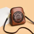 Vintage embossed floral leather crossbody phone bag in retro brown color option SKU. - Brown