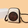 Retro embossed floral crossbody shoulder bag, chic PU leather small phone purse with strap. - Off White