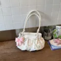 Sac à épaule à pois doux de style coréen avec nœud, cabas décontracté quotidien. - Blanc avec Pendentif