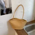 Bolso de hombro tejido para mujer, gran capacidad cesta de cuero bolso de compras diario. - Sin colgante / Amarillo
