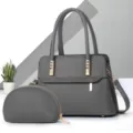 Vrouwen grijze PU lederen handtas en kleine etui set, gestructureerde mode details. - Grijs