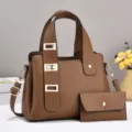 Vue détail de l'ensemble de sac à main souple marron pour femmes avec boucles en métal élégantes. - L28 l13 H20 / Kaki