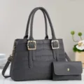 Conjunto de bolso gris con patrón de cocodrilo, bolso elegante con monedero a juego. - Gris