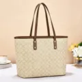Sac cabas beige rétro avec poignées en cuir marron, grand sac porté épaule monogrammé. - Style 2 / Blanc Cassé