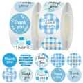 Blue thank you stickers roll, 10 patterns round self-adhesive gift sealing labels for decor - 10 Designs / 500 Pieces/Pack / Blue