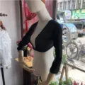 Black mesh shrug top long sleeve bolero crop top sheer cover up detail view for women style. - M / Tops / Black