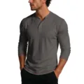 Men's grey long sleeve Henley shirt detail view, featuring red stitching and buttons. - M / Tops / Gray