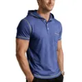 Men's short sleeve hooded polo shirt casual slim fit summer tee with contrast stitching. - Blue