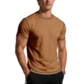 Men's short sleeve t-shirt athletic fitness slim fit casual crew neck top with contrast piping. - Khaki