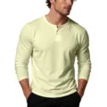 Men's long sleeve solid color Henley shirt V-neck casual cotton top for daily wear - Beige