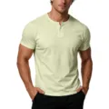 Men's short sleeve Henley t-shirt fabric detail, solid color casual slim fit top close-up. - Beige