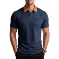 Close-up detail of the men's polo shirt featuring contrast collar and unique textured fabric. - Sapphire Blue