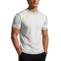 Men's white athletic t-shirt detail showing contrast stitching and slim fit design. - M / Tops / White