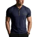 Mens slim fit short sleeve henley t-shirt with contrast pocket casual summer top apparel - Sapphire Blue