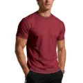 Detailed view of men's slim-fit athletic short-sleeve t-shirt in burgundy with contrast stitching. - M / Tops / Burgundy