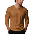 Detailed view of the long sleeve henley shirt, showing the v-neck and button placket design. - Khaki