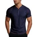 Men's slim fit navy blue short sleeve henley t-shirt with red contrast stitching details - Sapphire Blue