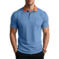 Men's short-sleeve polo shirt with contrast orange collar and chest pocket for summer wear. - S / Tops / Light Blue